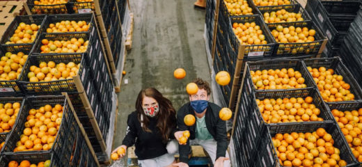 Loop Juice Founders Julie Poitras-Saulnier and David Cote sitting on a packing pallet surrounded by crates of oranges in a storage unit.